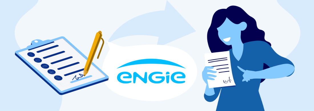 Logo Engie alături de o femeie ce arată spre un contract semnat