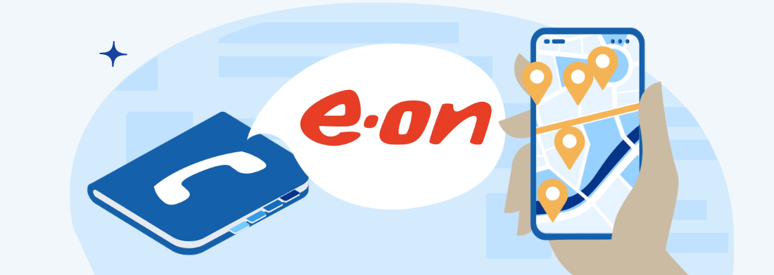 Logo eon lângă o agendă și un telefon