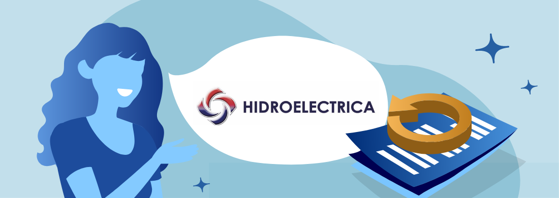 Femeie ce arată spre Logo Hidroelectrica langă o factură