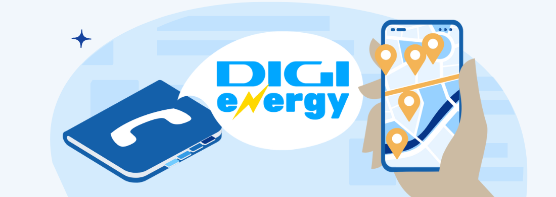 Agendă și telefon cu locații pe hartă alăturo de logo Digi Energy