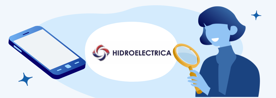 Imagine cu logo Hidroelectrica si o femeie ce se uită cu lupa la telefon