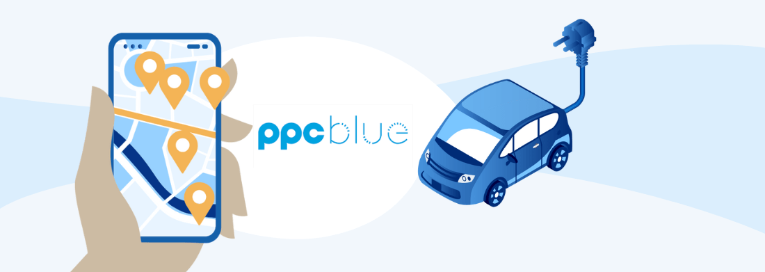 Imagine cu o masina electrica si o mana cu aplicatie deschisa pe o harta logo ppc blue