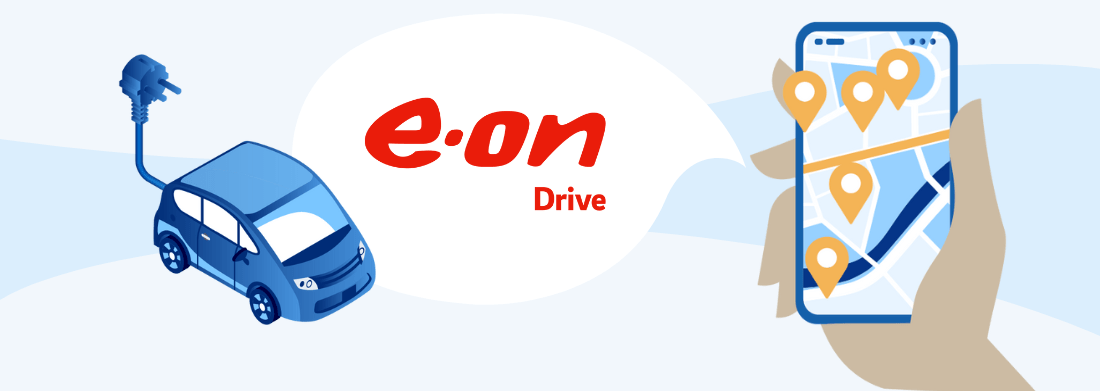 Imagine cu masina electrica si aplicatie deschisa oe telefon Eon Drive
