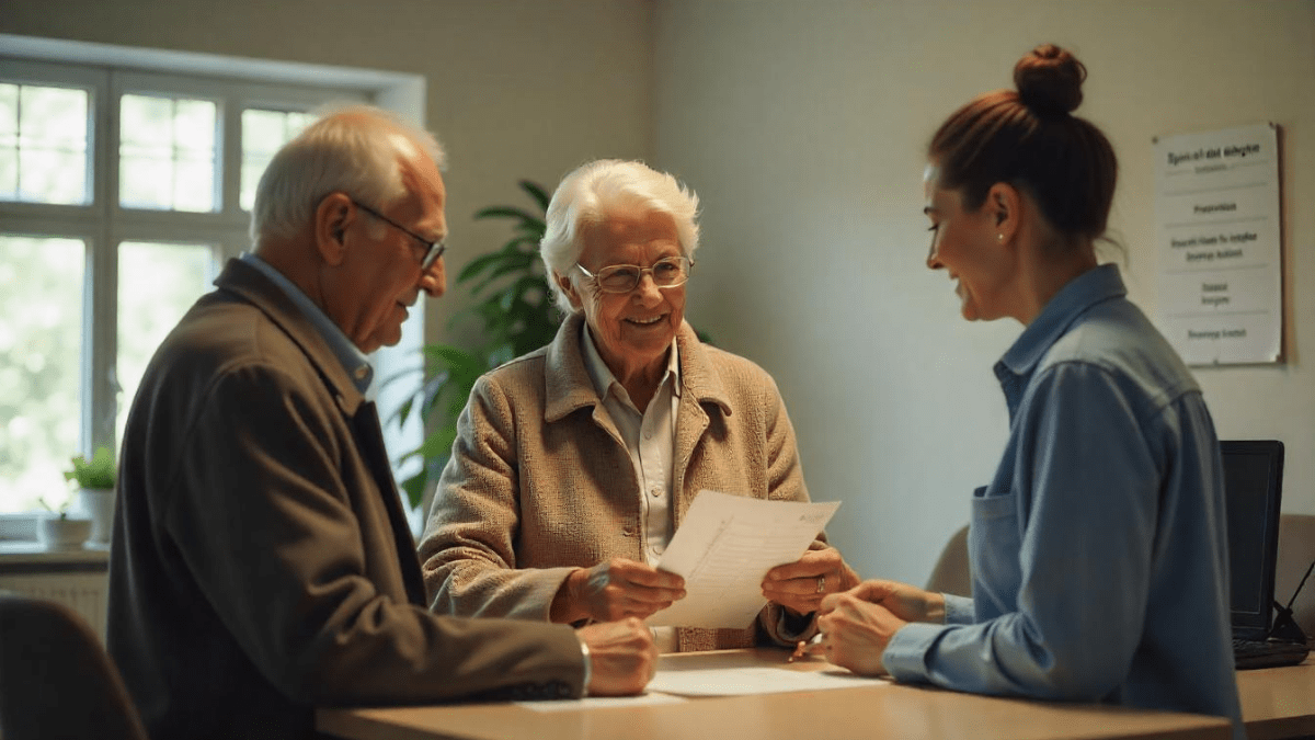 Imagine cu functionara ajutand un cuplu de pensionari in completar4ea formularelor