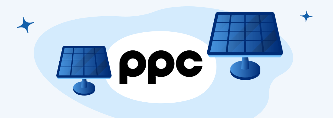 Imagine cu logo ppc si două panouri fotovoltaice