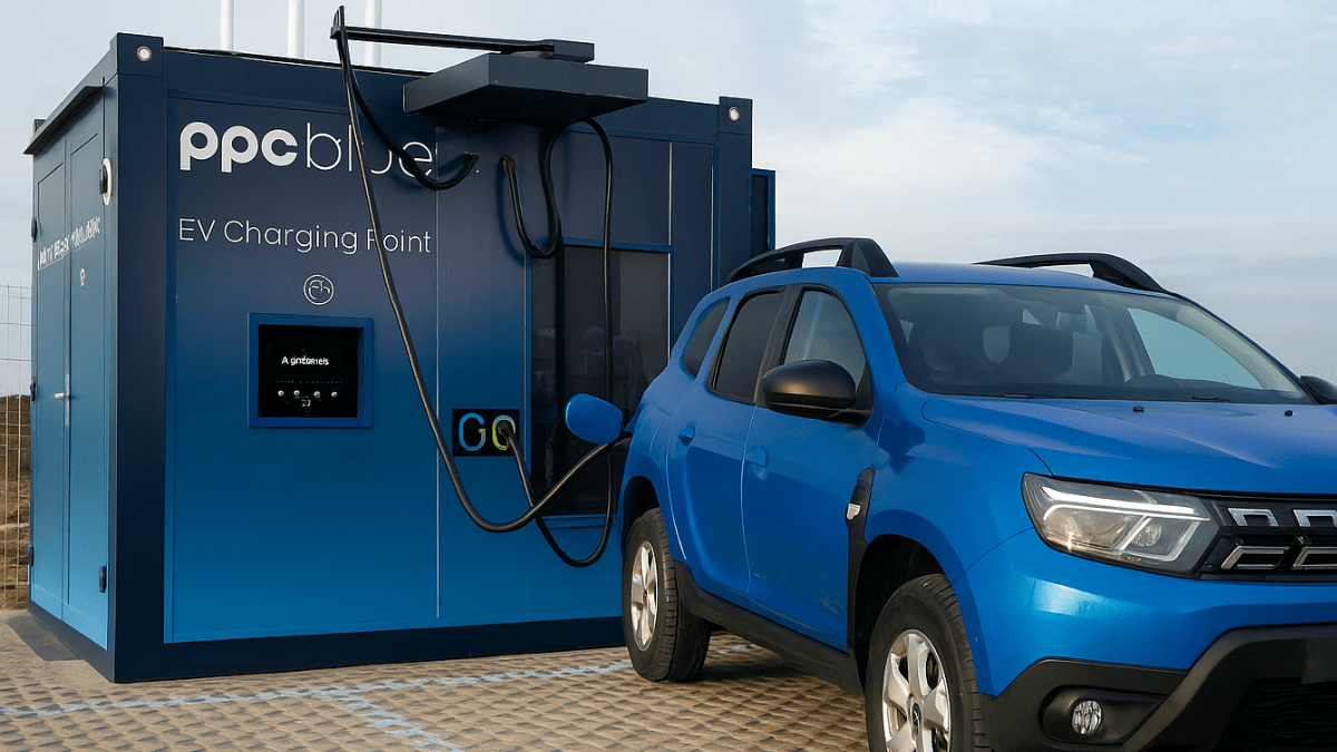 Imagine cu un Duster la statia de incarcat PPC blue power box