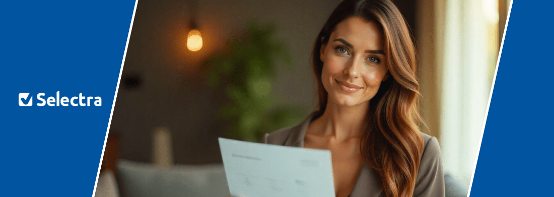 Femeie care tine contractul de energie zambind si logo Selectra