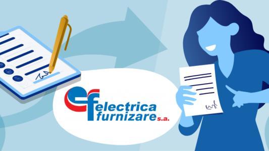 logo Electrica Furnizare langă o femeie ce semnează contract