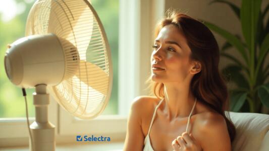Imagine cu femeie care se racoreste in fata unui ventilator