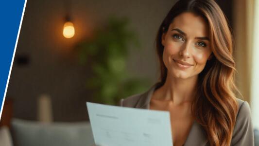 Femeie care tine contractul de energie zambind si logo Selectra