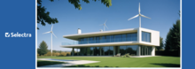 Imagine cu o casa alimentata de o turbina eoliana si logo Selectra