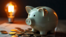 Imagine cu o pusculita pe o factura la energie si un bec aprins in fundal