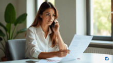 Imagine cu femeie care vorbeste la telefon si se uita la factura