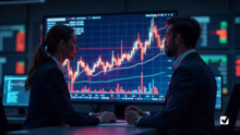 Imagine cu doi profesionali care analizeaza rezultatele financiar epe un ecran